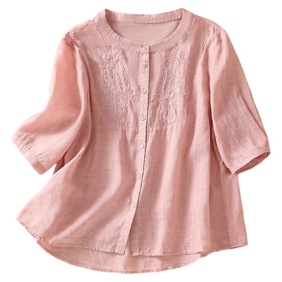 MIXUE Womens Tops Autumn Winter Linen Solid Color Embroidery Round Neck Button Down Long Sleeve Loose Casual Blouse Holiday Wear,Red,XXL