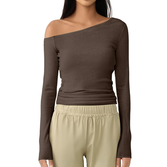 MIXUE Womens Tops Autumn Winter Solid Color Off Shoulder Long Sleeve Slim Fit Shirts For Women T Shirts Holiday Wear,Brown,XL