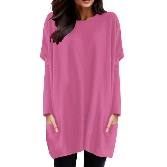 MIXUE Womens Tops Autumn Winter Solid Color Round Neck Long Sleeve With Pockets Loose Casual Shirts For Women Tee Shirts Activewear,Pink,XL