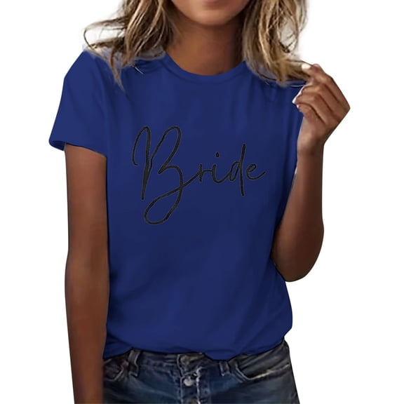 MIXUE Womens Tops Summer Bride Letter Print Round Neck Short Sleeve Slim Fit Fashion Casual Tunic Shirts For Women Tee Shirts Activewear,Blue,S