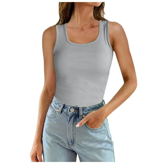 MIXUE Womens Tops Summer Knitted Solid Color Ribbed Round Neck Sleeveless Slim Casual Basic Camisole Vest Shirts For Women Tshirts Outwear,Gray,XL