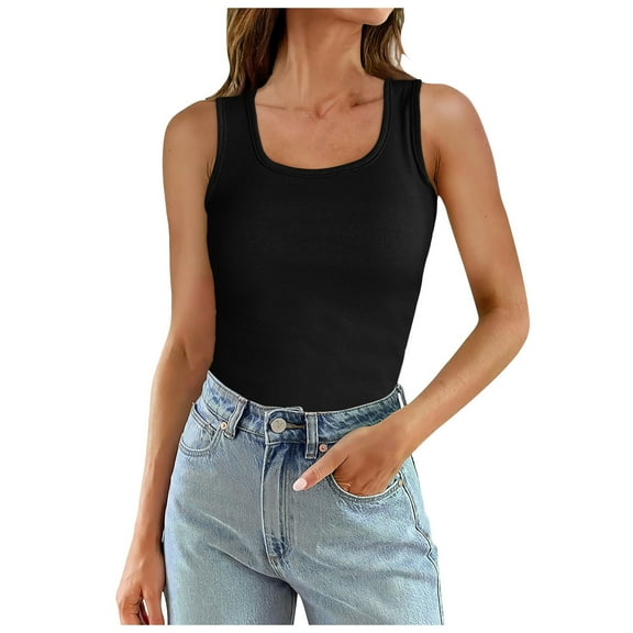 MIXUE Womens Tops Summer Knitted Solid Color Ribbed Round Neck Sleeveless Slim Casual Basic Camisole Vest Shirts For Women T Shirts Holiday Wear,Black,L