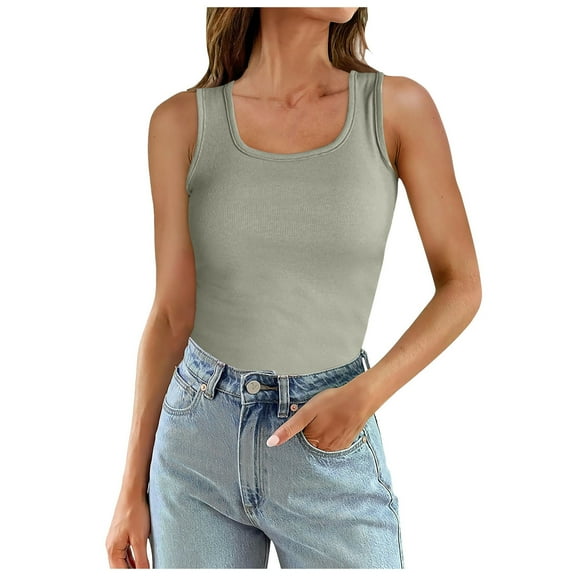 MIXUE Womens Tops Summer Knitted Solid Color Ribbed Round Neck Sleeveless Slim Casual Basic Camisole Vest Shirts For Women T-shirts Daily-Wear,Green,M