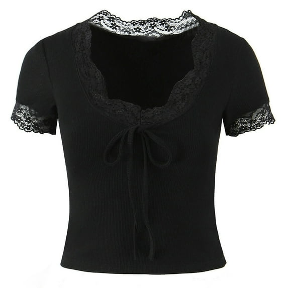 MIXUE Womens Tops Summer Oktoberfest Knit Solid Color Floral Lace V Neck Short Sleeve Stylish Casual Basic Tee Shirts Streetwear,Black,L