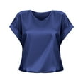 thumbnail image 1 of MIXUE Womens Tops Summer Satin Solid Color Round Neck Short Sleeve Loose Casual Shirts For Women T-shirts Sportswear,Blue,XXL, 1 of 5