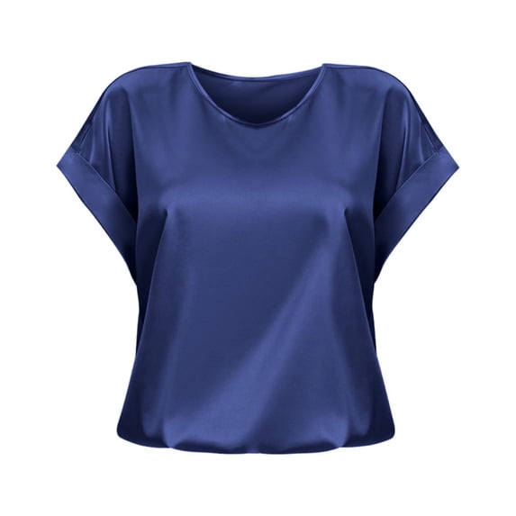 MIXUE Womens Tops Summer Satin Solid Color Round Neck Short Sleeve Loose Casual Shirts For Women T-shirts Sportswear,Blue,XXL