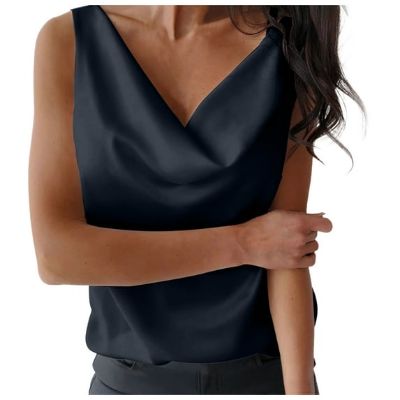 MIXUE Womens Tops Summer Silk Satin Solid Color V Neck Sleeveless Casual Camisole Loose Casual Vest Shirts For Women Tshirts Streetwear,Black,XL