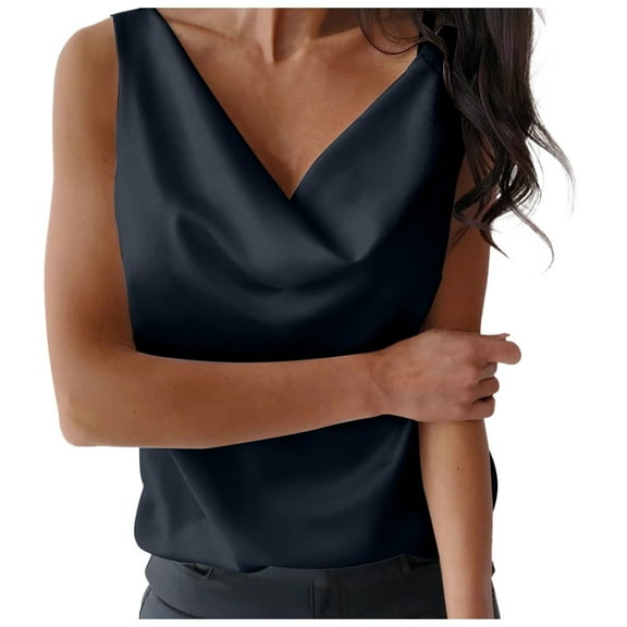 MIXUE Womens Tops Summer Silk Satin Solid Color V Neck Sleeveless Casual Camisole Loose Casual Vest Shirts For Women Tshirts Streetwear,Black,XL