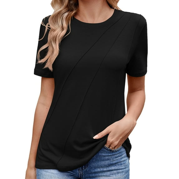 MIXUE Womens Tops Summer Solid Color Crew Neck Short Sleeve Pleated Loose Fit Casual Business Shirts For Women T Shirts Sportswear,Black,XXL