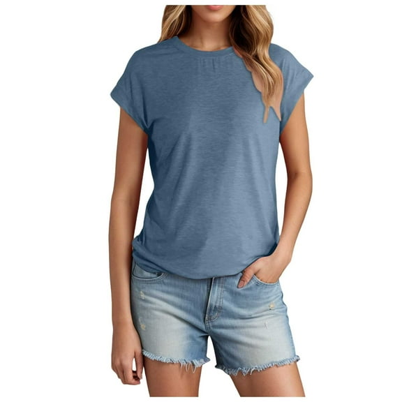 MIXUE Womens Tops Summer Solid Color Crew Neck Short Sleeve Slim Fit Casual Shirts For Women T-shirts Holiday Wear,Blue,XL