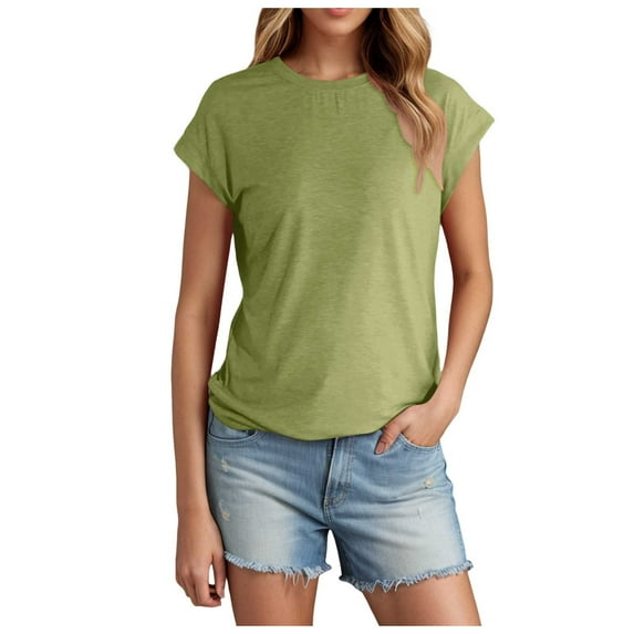 MIXUE Boho Tops For Women Summer Solid Color Crew Neck Short Sleeve Fashion Casual Shirts For Women Tshirts Streetwear,Green,M