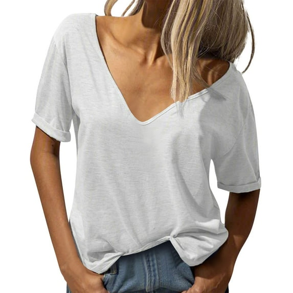 MIXUE Womens Tops Summer Solid Color Deep V Neck Short Sleeve Loose Casual Shirts For Women T Shirts Daily-Wear,White,M