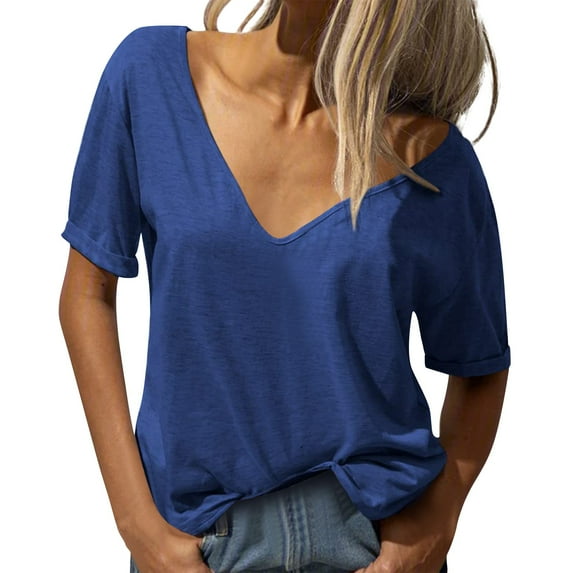 MIXUE Womens Tops Summer Solid Color Deep V Neck Short Sleeve Loose Casual Shirts For Women T Shirts Holiday Wear,Blue,XXXXXL