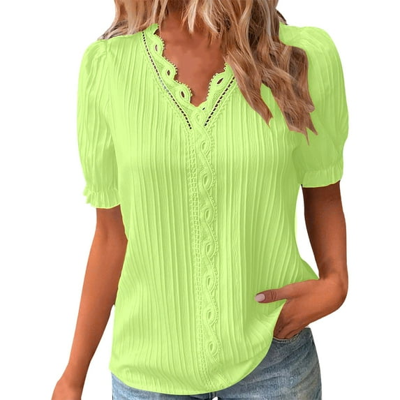MIXUE Womens Tops Summer Solid Color Floral Lace V Neck Short Sleeve Elegant Fashion Casual Women Blouses T Shirts Daily-Wear,Green,S