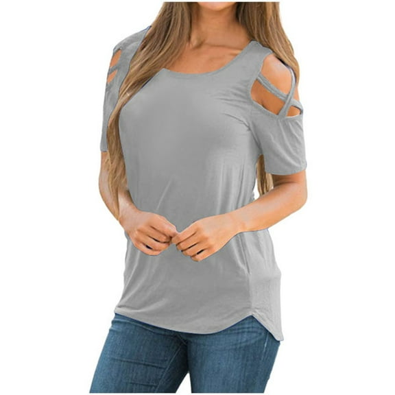 MIXUE Womens Tops Summer Solid Color Off Shoulder Hollow Out Short Sleeve Loose Casual Shirts For Women Tshirts Outwear,Gray,XL