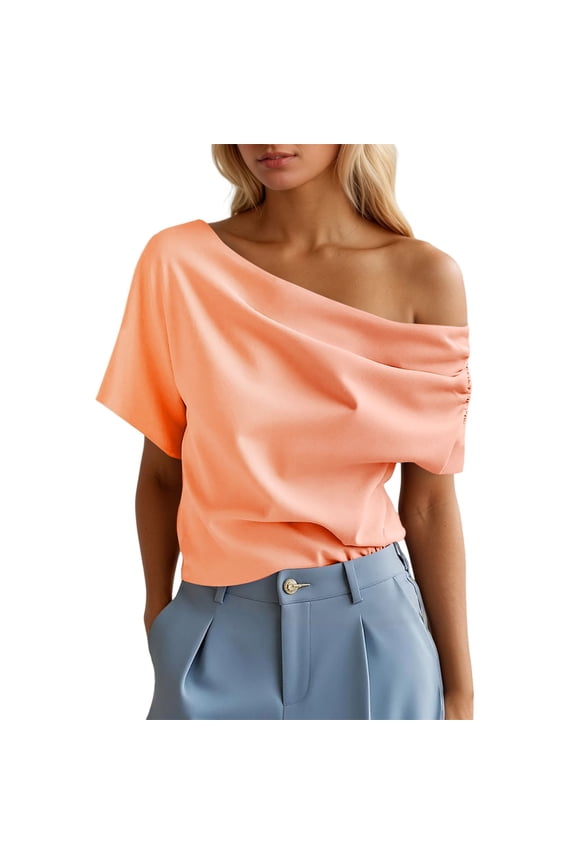 Womens Tops Summer Solid Color Off Shoulder Ruffled Short Sleeve Casual Basic Shirts For Women Tee Shirts Outwear,Orange,L