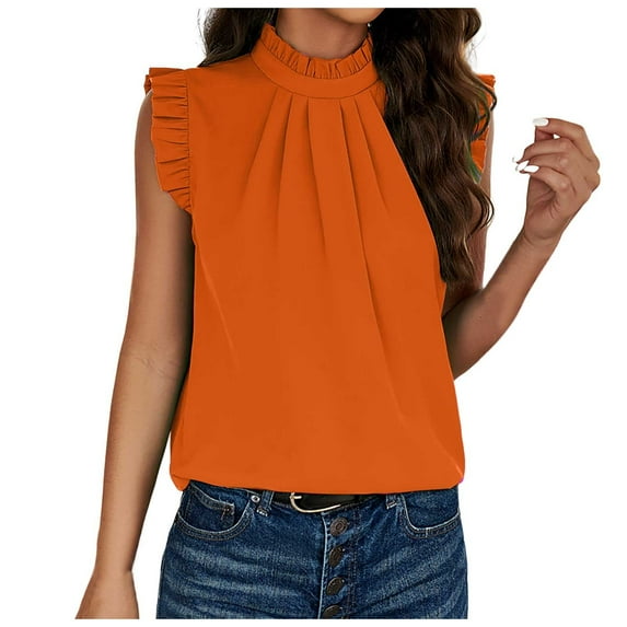 MIXUE Summer Solid Color Crew Neck Sleeveless Vest Fashion Casual Camisole Tshirts Activewear,Orange,L