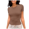 thumbnail image 1 of MIXUE Womens Tops Summer Solid Color Round Neck Short Sleeve Elastic Slim Basic Shirts For Women Tee Shirts Activewear,Brown,M, 1 of 6