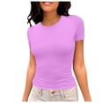 thumbnail image 1 of MIXUE Womens Tops Summer Solid Color Round Neck Short Sleeve Elastic Slim Basic Shirts For Women Tshirts Outwear,Purple,S, 1 of 6