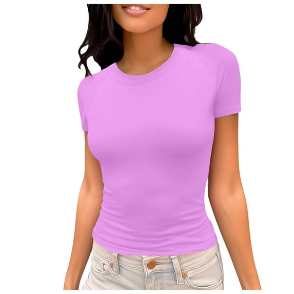 MIXUE Womens Tops Summer Solid Color Round Neck Short Sleeve Elastic Slim Basic Shirts For Women Tshirts Outwear,Purple,S