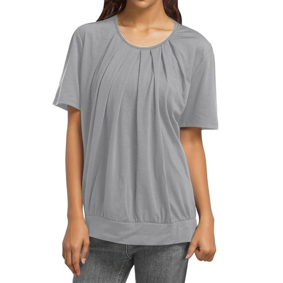 MIXUE Womens Tops Summer Solid Color Round Neck Short Sleeve Pleated Loose Fit Casual Tee Shirts Activewear,Gray,XL