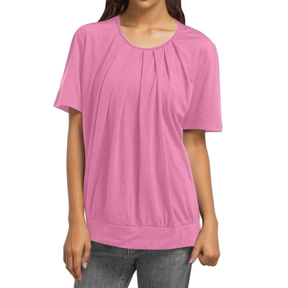 MIXUE Womens Tops Summer Solid Color Round Neck Short Sleeve Pleated Loose Fit Casual Tee Shirts Activewear,Red,XXL