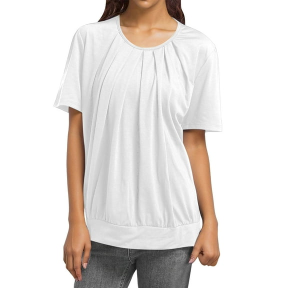 MIXUE Womens Tops Summer Solid Color Round Neck Short Sleeve Pleated Loose Fit Casual Tshirts Activewear,White,M