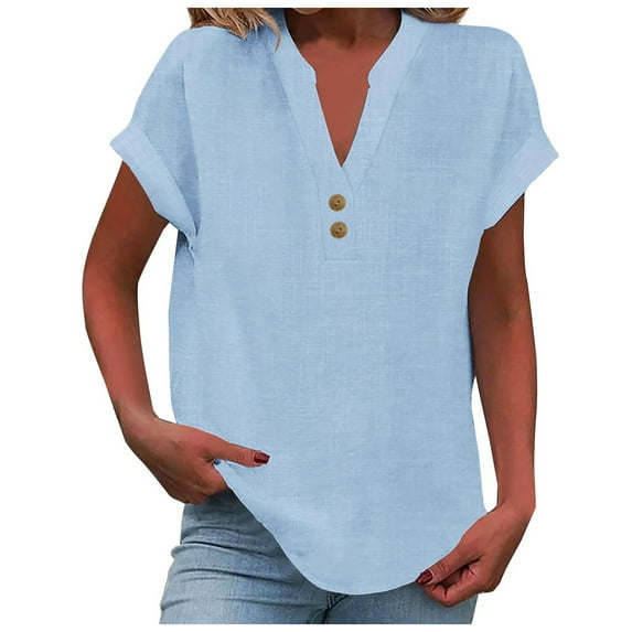 MIXUE Womens Tops Summer Solid Color V Neck Button Down Short Sleeve Loose Fit Casual Shirts For Women T Shirts Holiday Wear,Blue,M