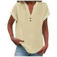 thumbnail image 1 of MIXUE Womens Tops Summer Solid Color V Neck Button Down Short Sleeve Loose Fit Casual Shirts For Women Tshirts Streetwear,Beige,M, 1 of 4