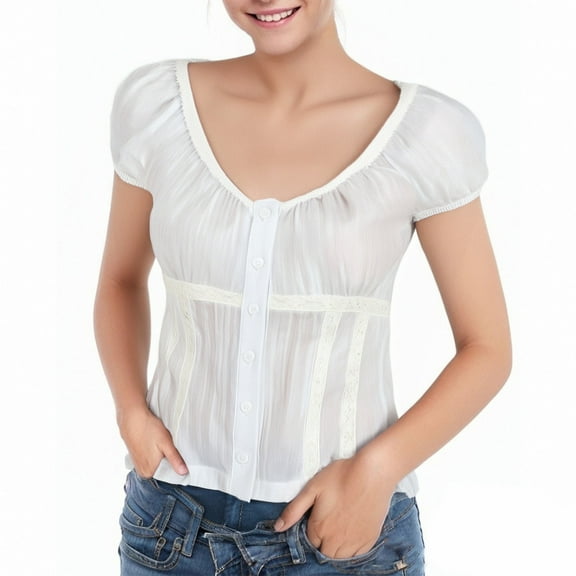 MIXUE Womens Tops Summer Solid Color V Neck Button Down Short Sleeve Trendy Casual Party Tee Shirts Outwear,White,S