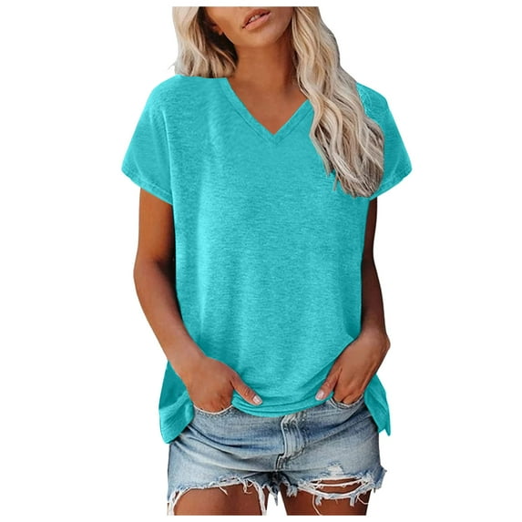 MIXUE Womens Tops Summer Solid Color V Neck Cap Sleeve Loose Fit Casual Shirts For Women T-shirts Sportswear,Blue,XXL