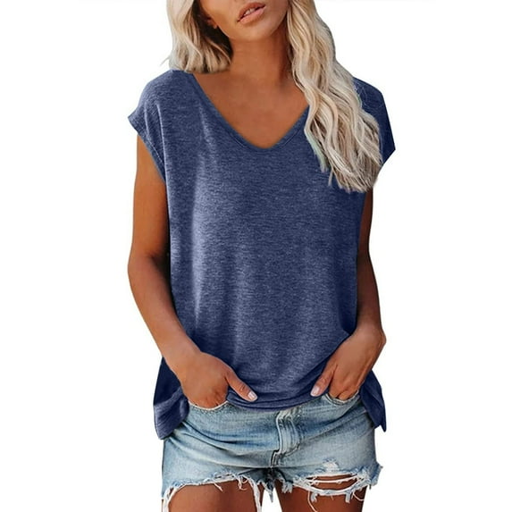 MIXUE Womens Tops Summer Solid Color V Neck Short Cap Sleeve Casual Fashion Shirts For Women T-shirts Daily-Wear,Blue,XXL