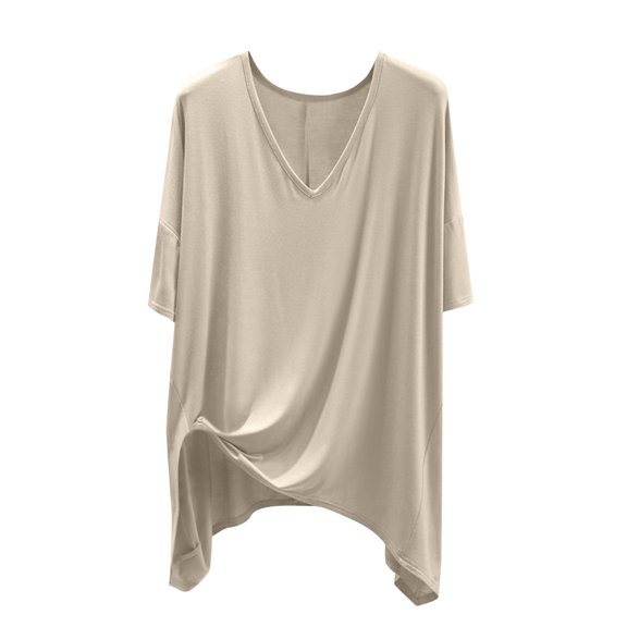 MIXUE Womens Tops Summer Solid Color V Neck Short Sleeve Plus Size Casual Tee Shirts Streetwear,Beige,XXL