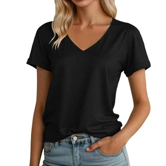 MIXUE Womens Tops Summer Solid Color V Neck Short Sleeve Soft Casual Basic Shirts For Women Tshirts Streetwear,Black,L