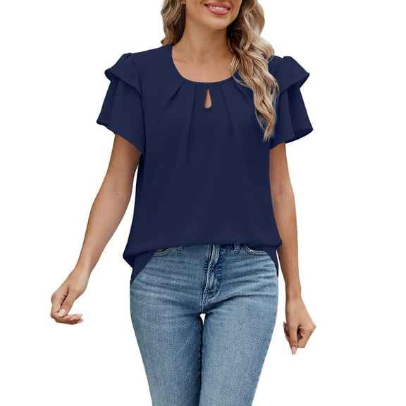 MIXUE Womens Tops Summer Solid Crew Crew Neck Hollow Short Sleeve Loose Casual Tshirts Activewear,Blue,XXL