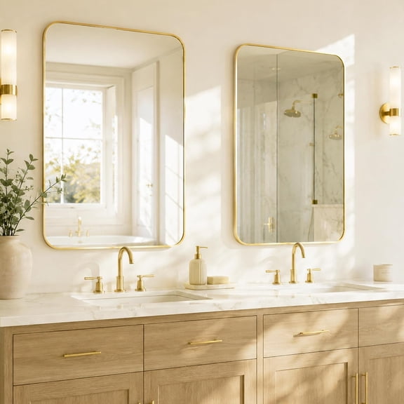 MIXX UNIQ 2-Pack 24x36 Inch Brushed Gold Rounded Rectangle Vanity Mirrors, Double Vanity or Two Bathrooms, Pair or Separate Use, Aluminum Frame, Slim Front Profile, Two-Way Mount