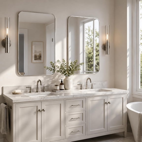 MIXX UNIQ 2-Pack 24x36 Inch Brushed Nickel Rounded Rectangle Vanity Mirrors, Double Vanity or Two Bathrooms, Pair or Separate Use, Aluminum Frame, Slim Front Profile, Two-Way Mount