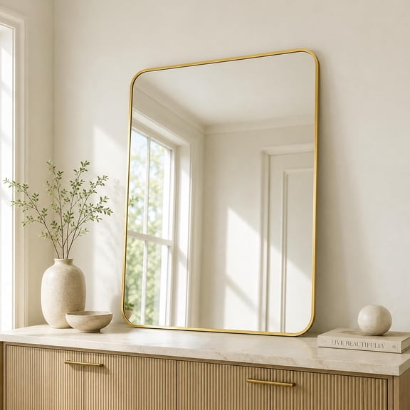 MIXX UNIQ 30x36 Inch Brushed Gold Rounded Rectangle Bathroom Vanity Mirror | For Over-Sink Bathrooms, Corrosion-Resistant Aluminum Frame, Slim Front Profile, Two-Way Mount, Protective Packaging