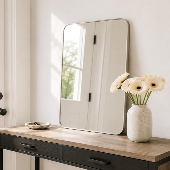 MIXX UNIQ 30x36 Inch Brushed Nickel Rounded Rectangle Bathroom Vanity Mirror | For Over-Sink Bathrooms, Corrosion-Resistant Aluminum Frame, Slim Front Profile, Two-Way Mount, Protective Packaging