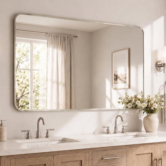 MIXX UNIQ 30x48 Inch Brushed Nickel Rounded Rectangle Bathroom Vanity Mirror | For Over-Sink Bathrooms, Corrosion-Resistant Aluminum Frame, Slim Front Profile, Vertical or Horizontal Layout