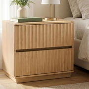MIXX UNIQ Fluted Nightstand with 2 Drawers, 23.6-Inch Wide, Natural Oak | Modern bedside table for a calm, organized bedroom; ribbed fronts, light wood tones and handleless lines add Japandi appeal
