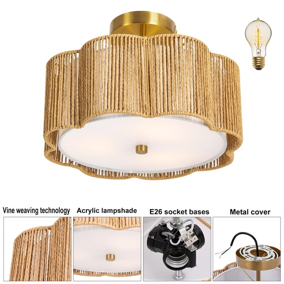 MIYIOKON 3-Light Flower-shaped Ceiling Light, Classic Woven Rattan Light Fixtures, Flush Mount, Indoor