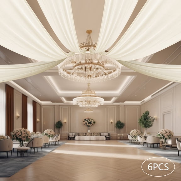 MIYIOKON 6pcs Beige Ceiling Drapes, Chiffon Wedding Backdrop Curtains for Party Ceremony Stage, 5 x 30 ft