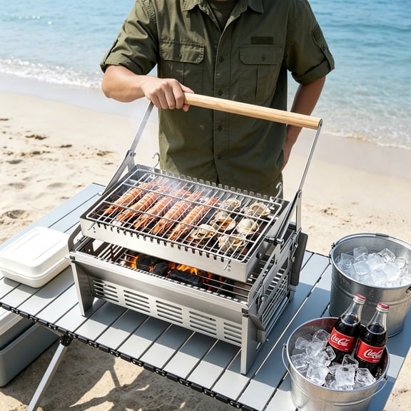 MIYIOKON Stainless Steel Detachable Barbecue Grill, 360 Rotating Flipping Charcoal Grill, Outdoor