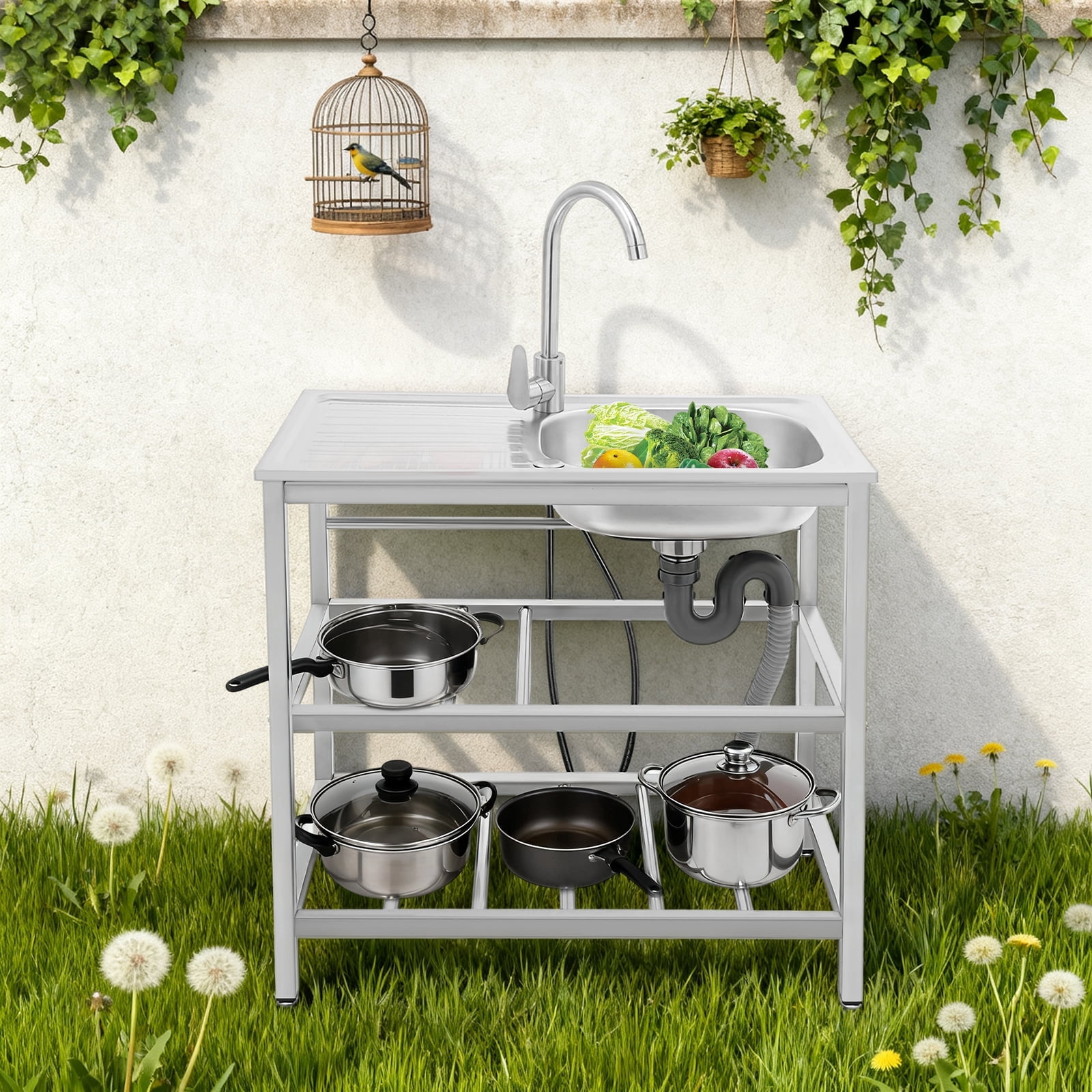 MIYIOKON Stainless Steel Sink with Faucet and Filter, 75*40*78cm Outdoor Kitchen Utility Sink, Freestanding