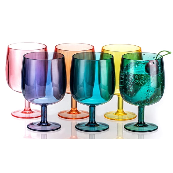 MIYOPESI 12oz Colorful Stemmed Wines Cups (Set of 6), Shatter-Proof Acrylic Bar Glasses, BPA-Free, Dishwasher-Safe