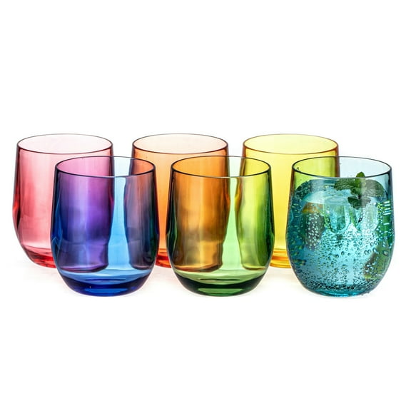 MIYOPESI 14oz Colorful Acrylic Stemless Wines Glasses (Set of 6), Old Fashioned BPA-Free Shatter-Proof Bar Cups