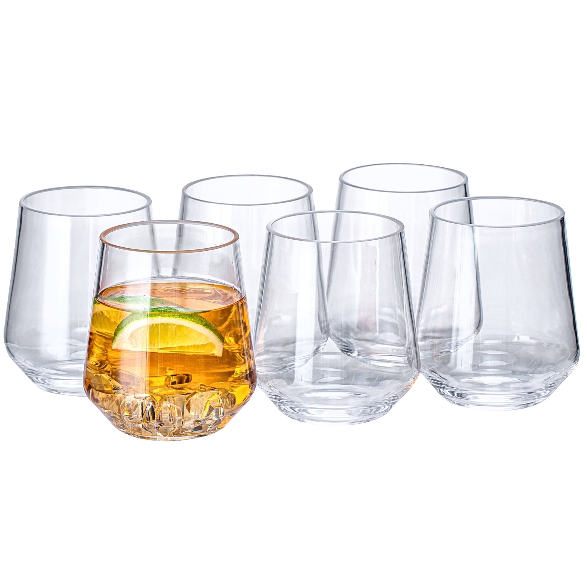 MIYOPESI 16oz Clear Stemless Wines Glasses (Set of 6), Shatter-Proof Bar Glasses, BPA-Free, Dishwasher-Safe