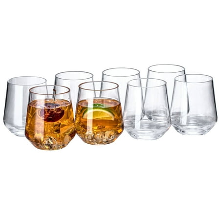 MIYOPESI 16oz Clear Stemless Wines Glasses (Set of 8), Shatter-Proof Bar Glasses, BPA-Free, Dishwasher-Safe