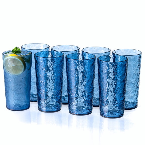 MIYOPESI 18oz Blue Acrylic Glasses Drinkware (Set of 8), Ice-Carved BPA-Free Shatter-Proof Plastic Tumblers